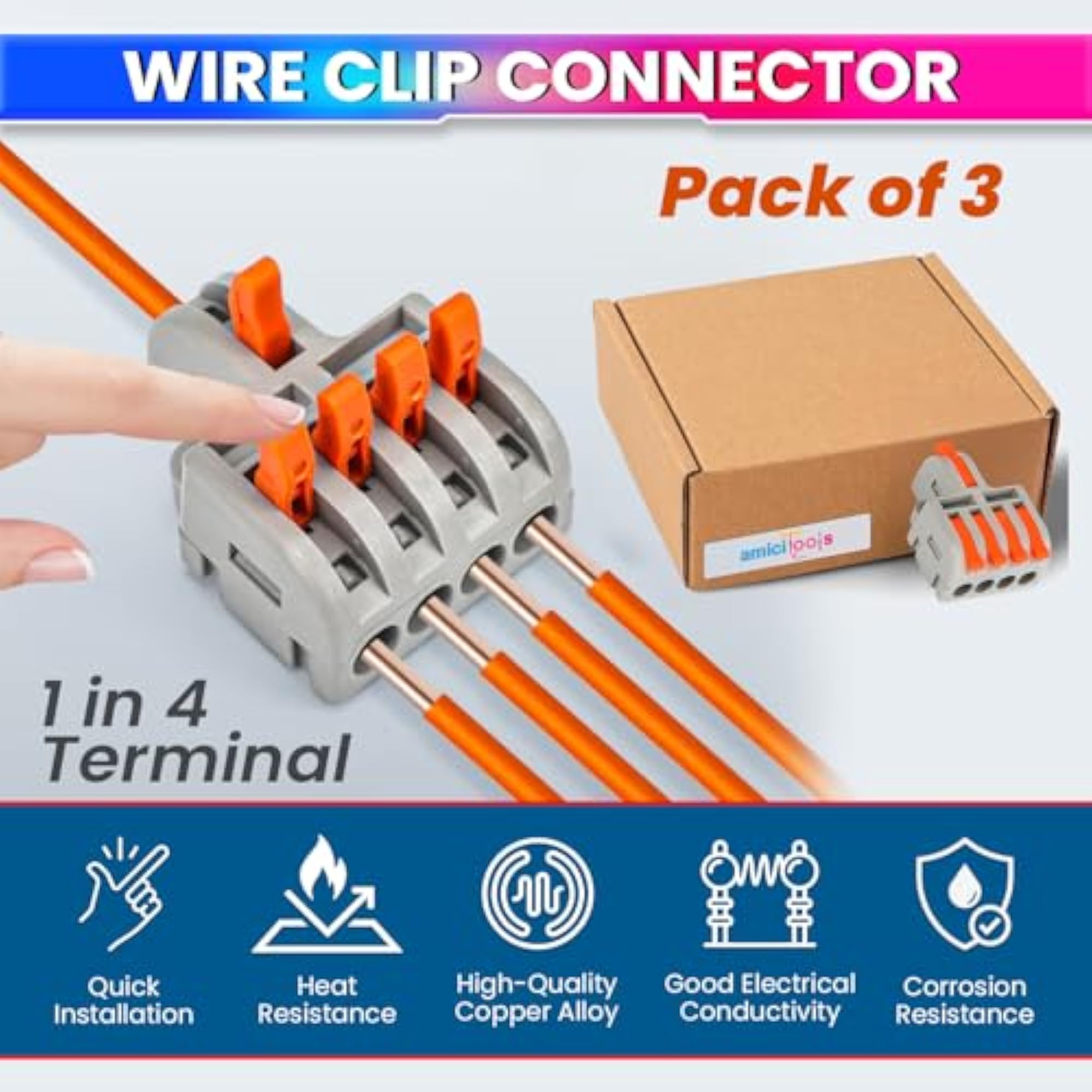 Fast Wire Clip Connector Terminal Block, Pack of 3